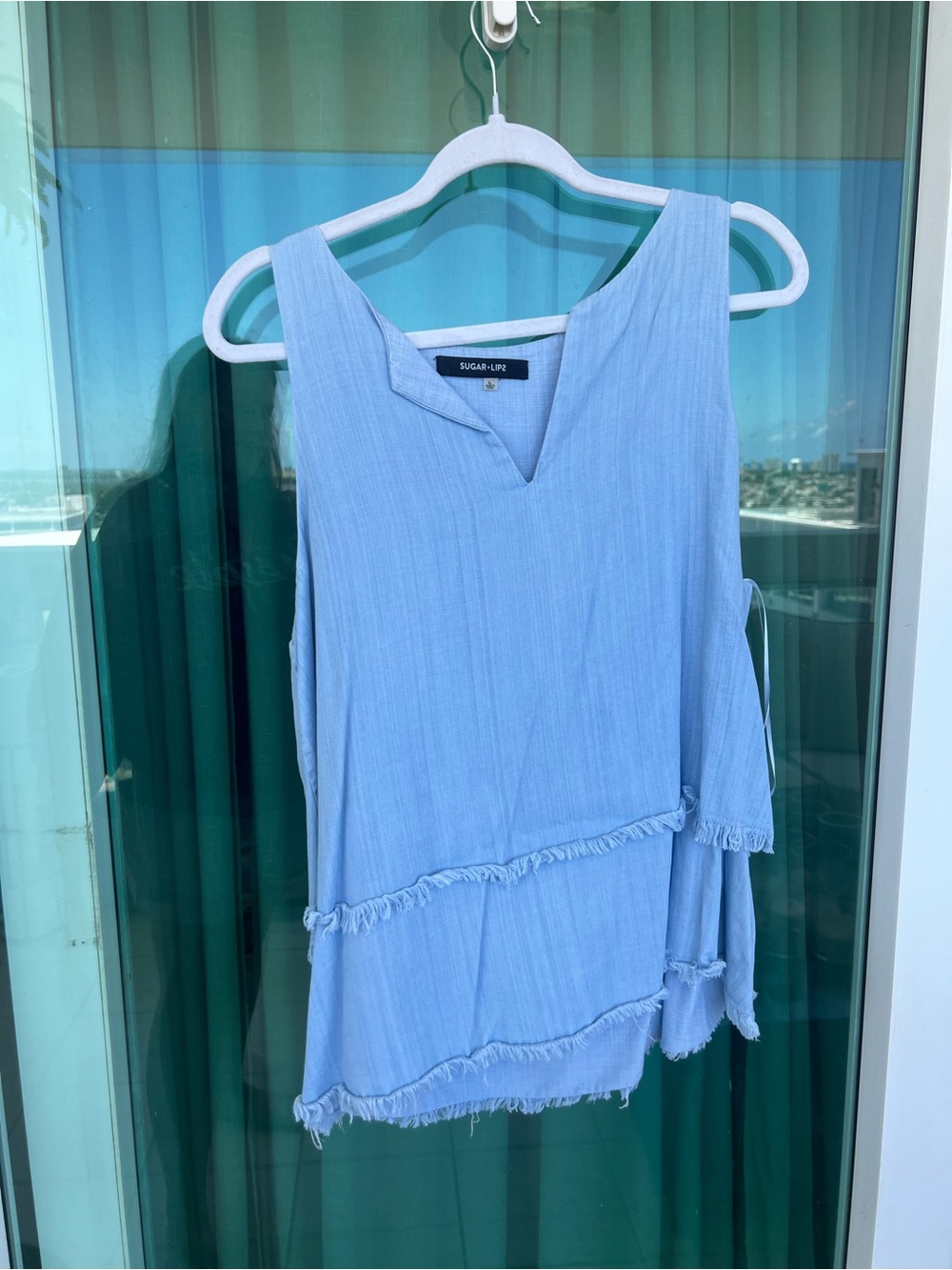 Sugarlips Pale Blue Sleeveless V-Notch Fringe Tank Top
